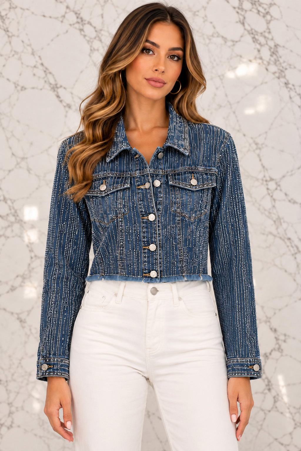 Straight-on pose with the jacket buttoned