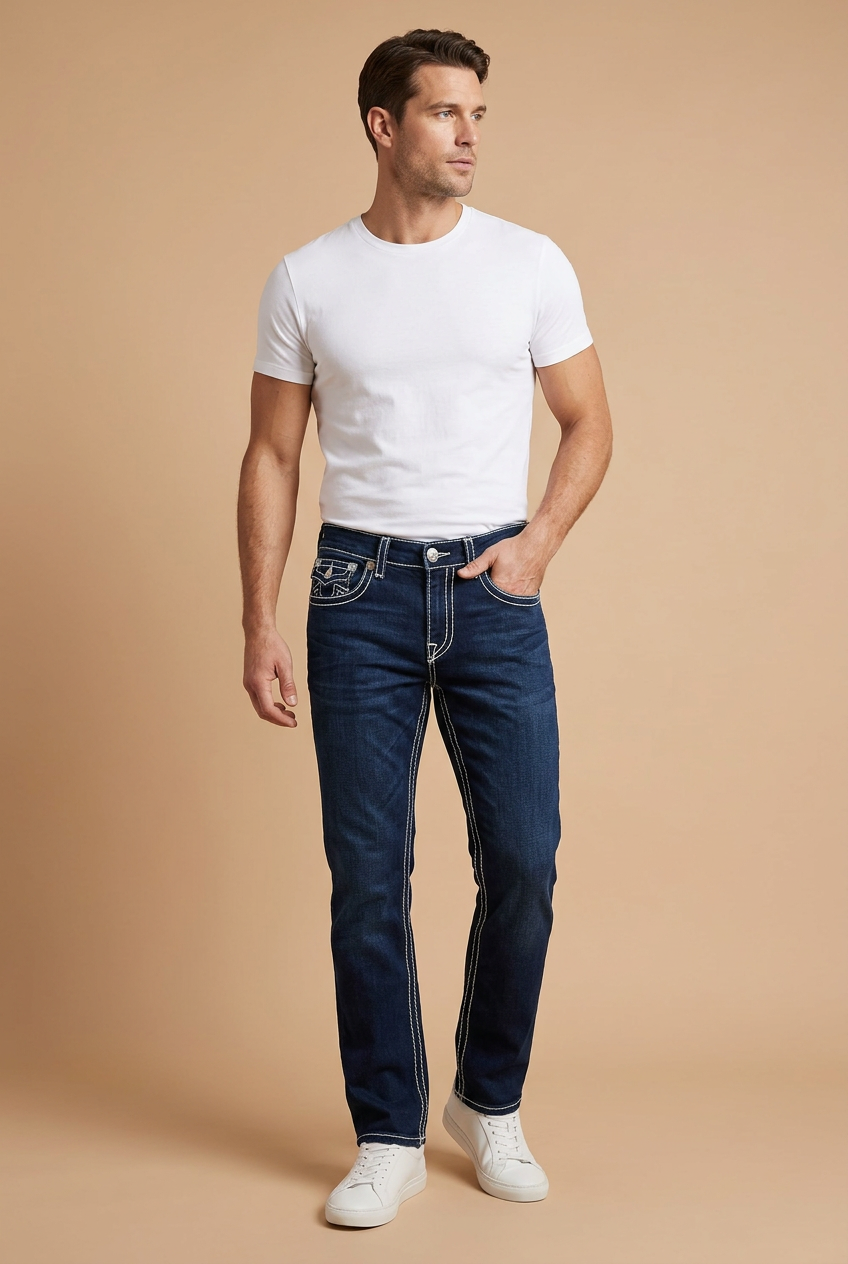Three-quarter male model pose in dark indigo jeans