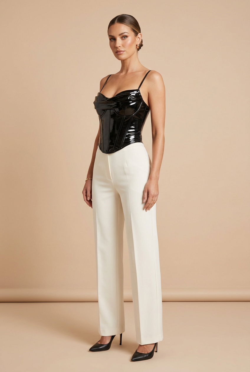 Three-quarter model pose wearing black corset top