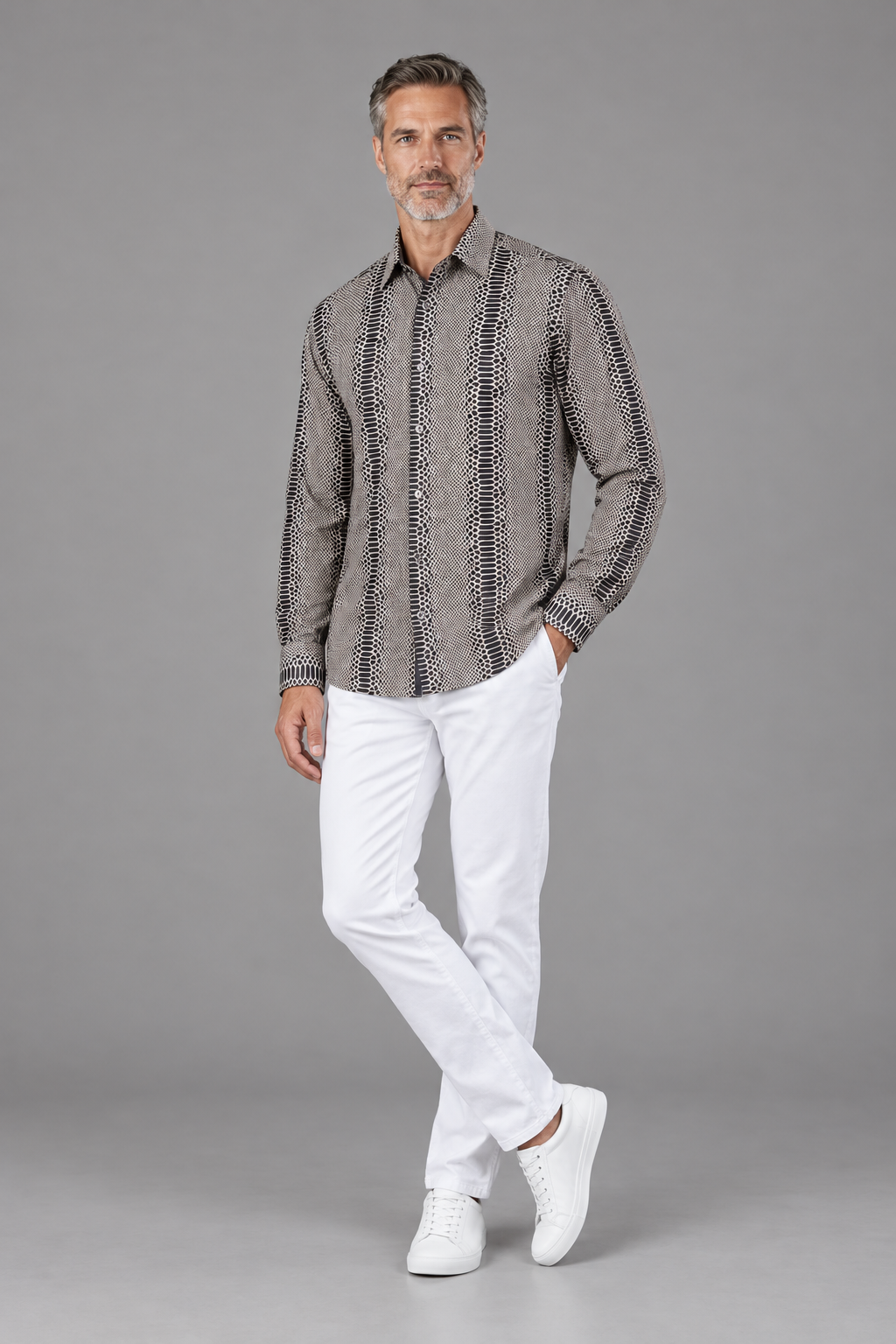 Men’s Snakeskin Print Long-Sleeve Button-Up Shirt – Taupe & Black