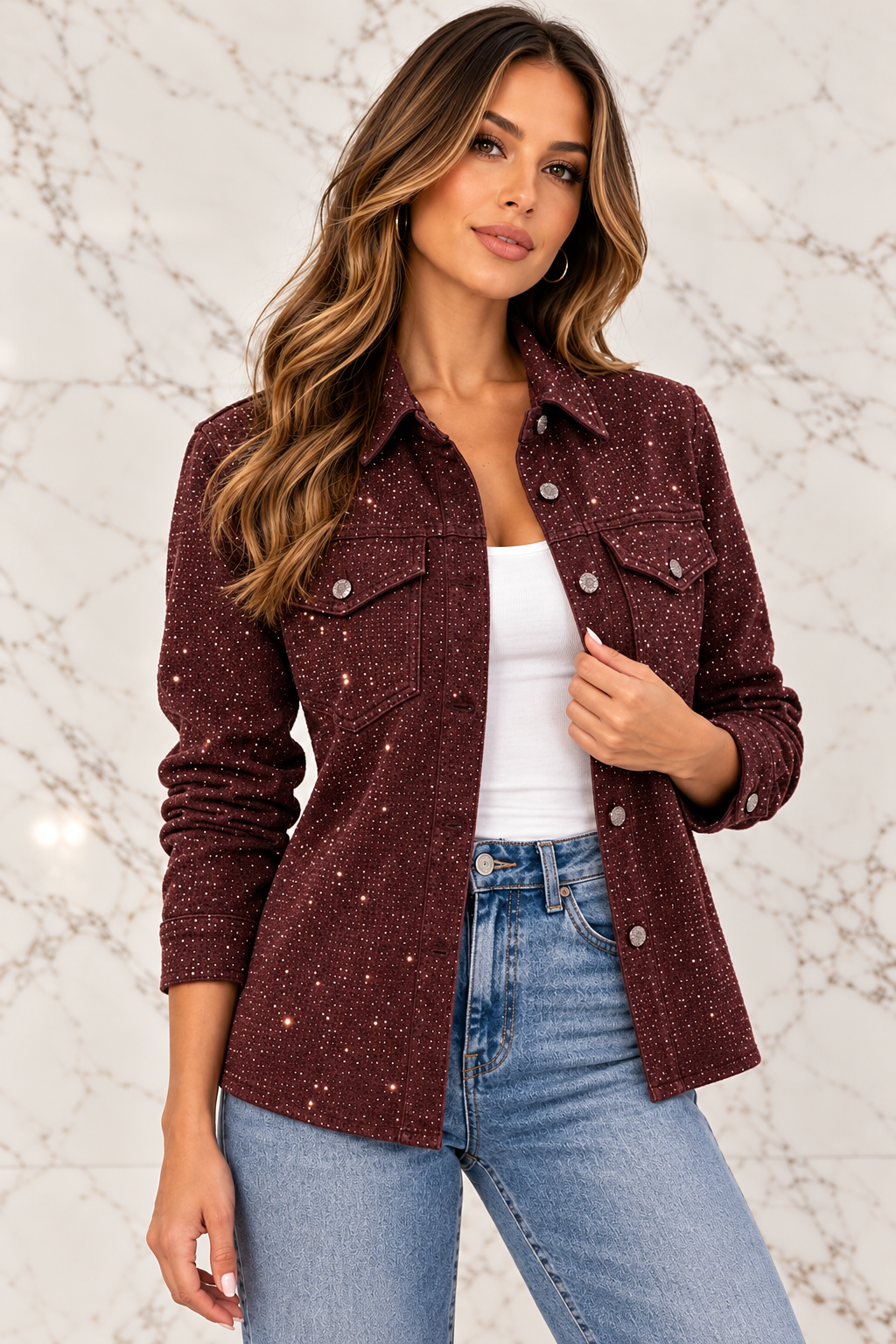 Three-quarter pose with open jacket