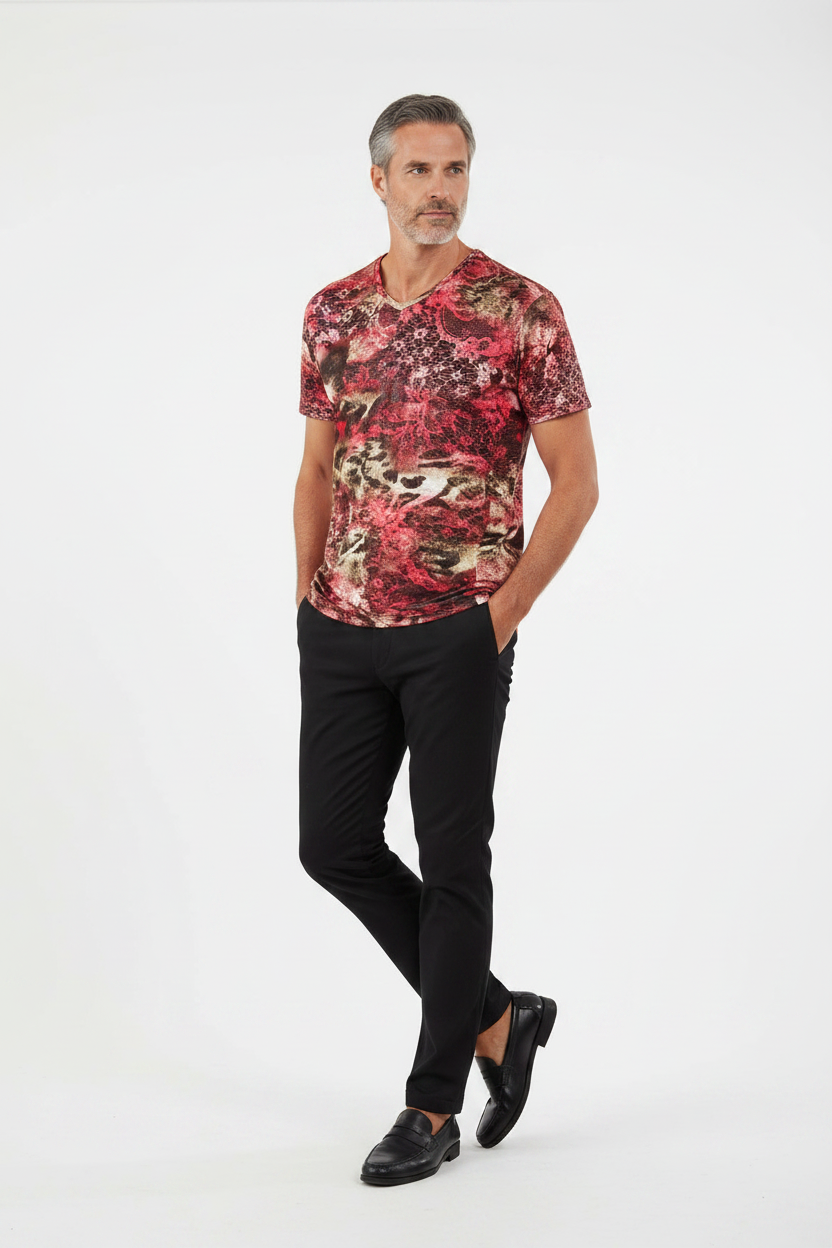 Crimson Lace Tiger Print V-Neck Tee
