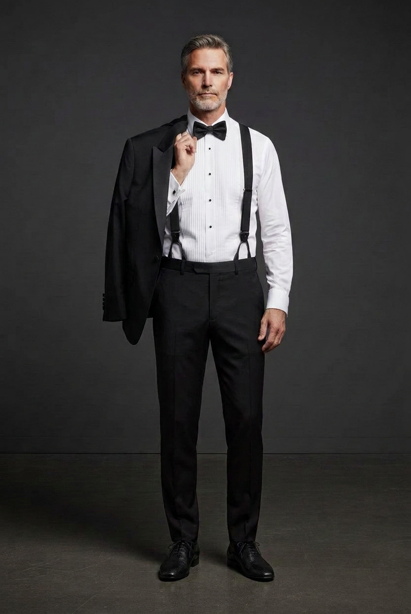 Tuxedo shirt with black studs and button-on suspenders