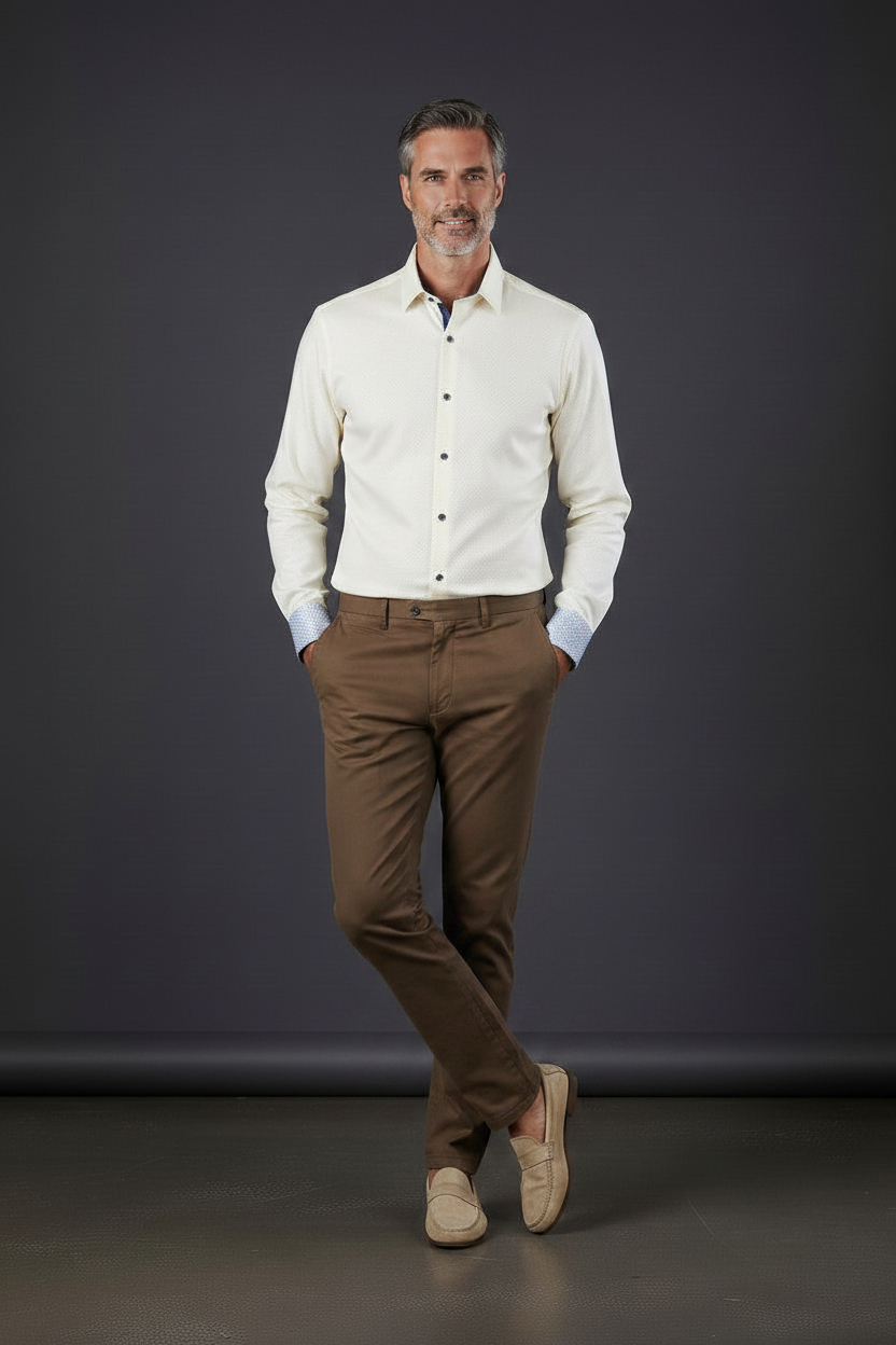 Cream Luxury Cotton Dress Shirt with Moroccan Tile Contrast Cuffs