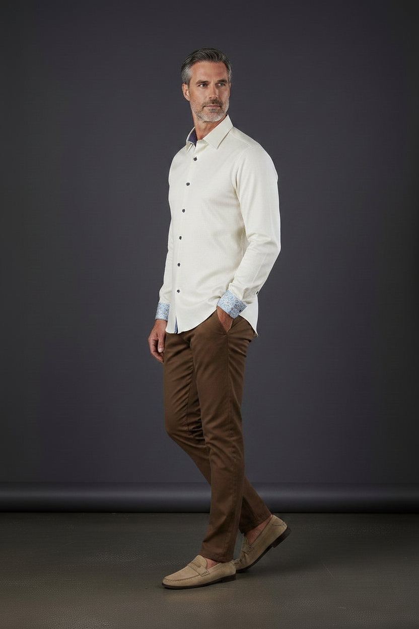 Cream Luxury Cotton Dress Shirt with Moroccan Tile Contrast Cuffs