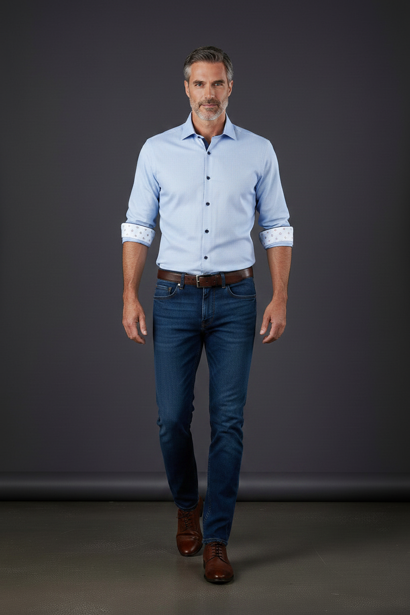 Light Blue Luxury Cotton Dress Shirt with Medallion Contrast Cuffs
