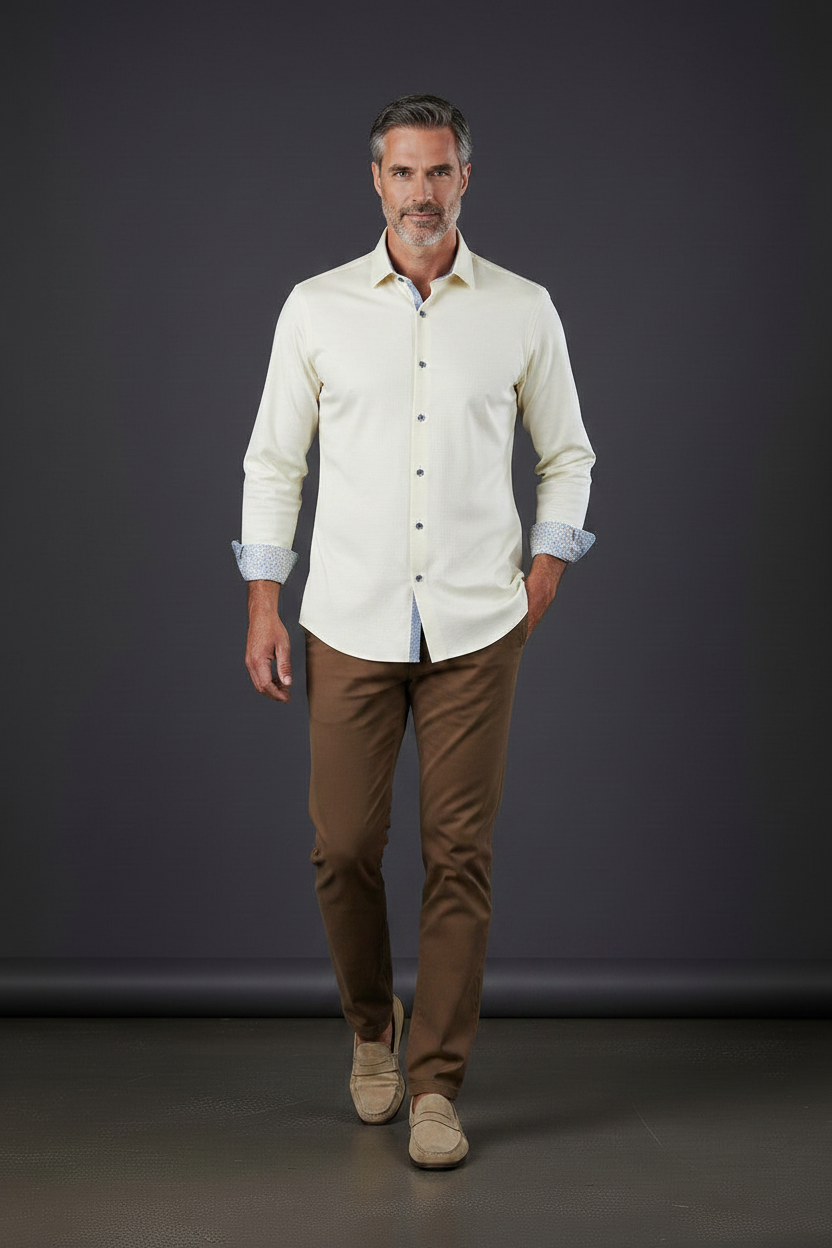 Cream Luxury Cotton Dress Shirt with Moroccan Tile Contrast Cuffs