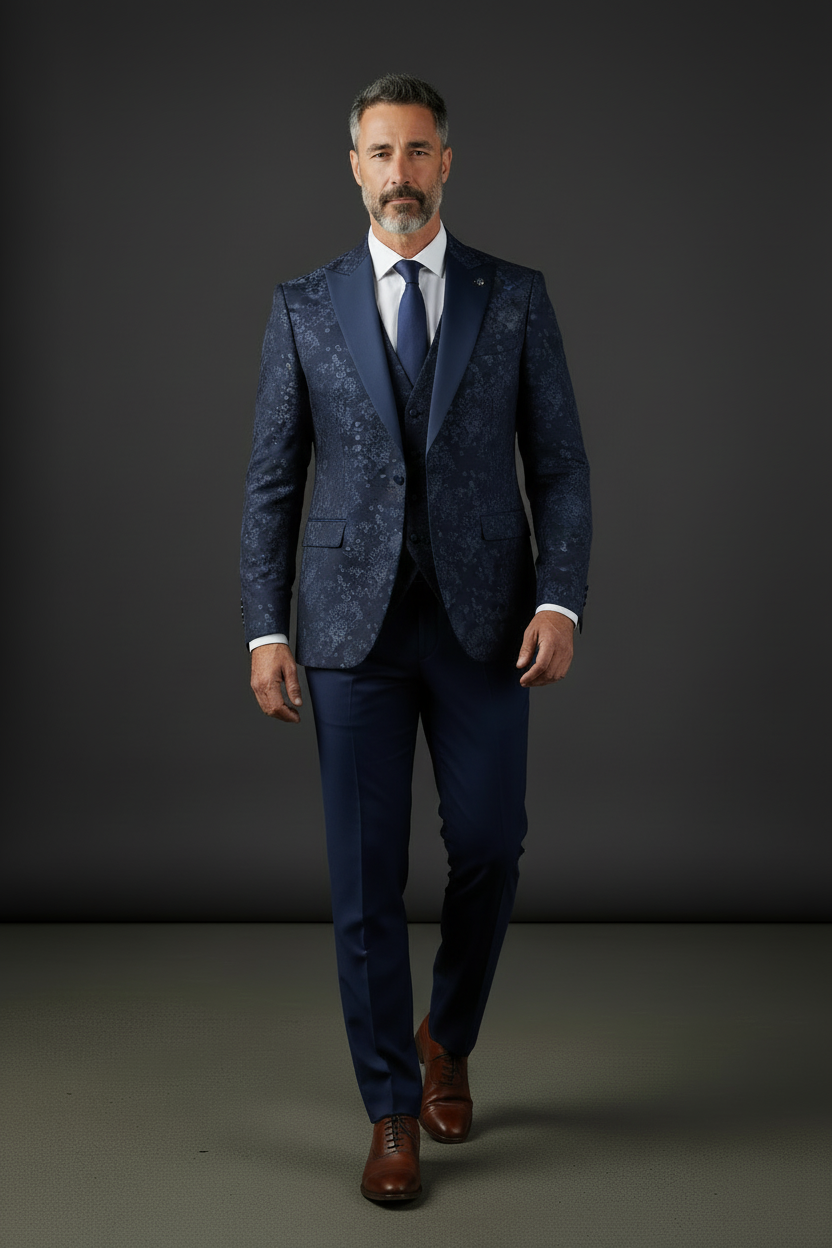 Vercini Navy Floral Jacquard Suit - Solid Navy Pants