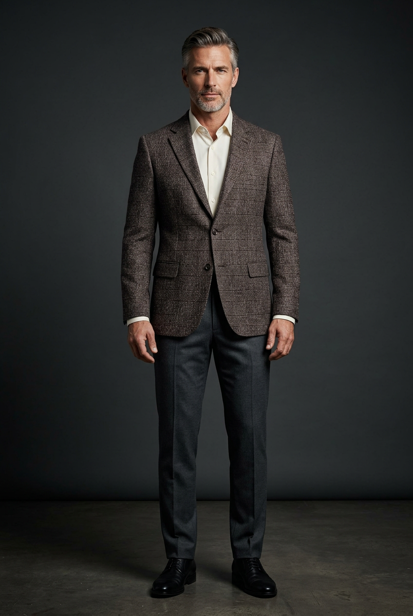 Vercini plaid blazer on a mature salt-and-pepper model