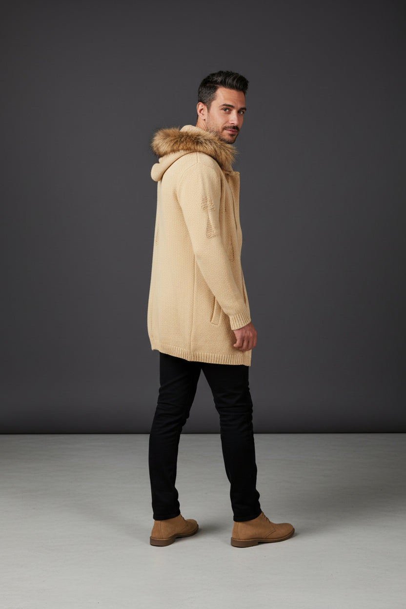 Fur-Trimmed Hooded Long Cardigan
