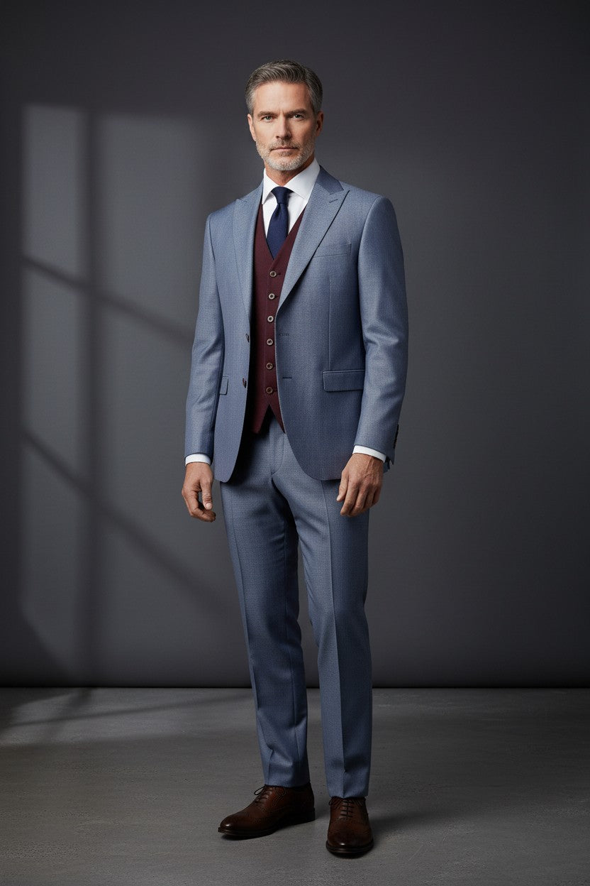 Vercini Men's Three-Piece Suit with Reversible Vest - Navy Blue