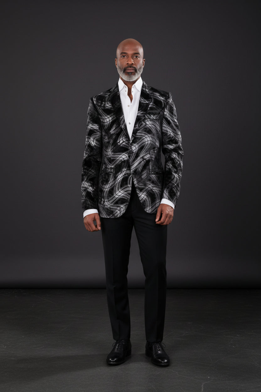 Vercini Abstract Brushstroke Blazer - Black White Gray Velvet Luxury Jacket