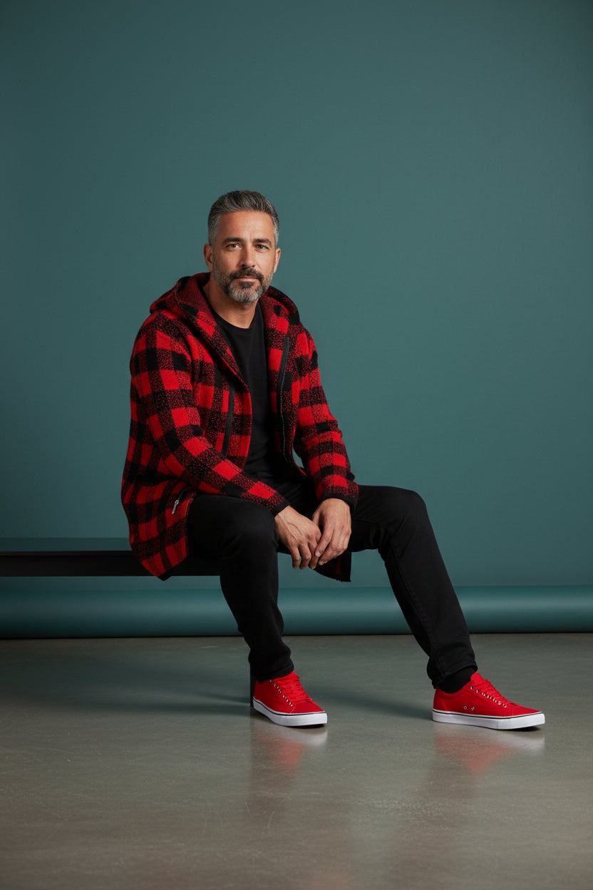 Red & Black Checkered With Hood Full Zip