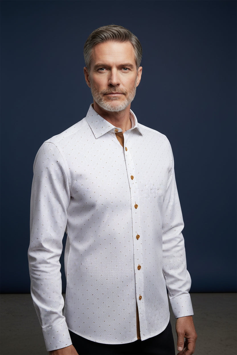 Vercini White Dotted Dress Shirt with Tan Contrastercini