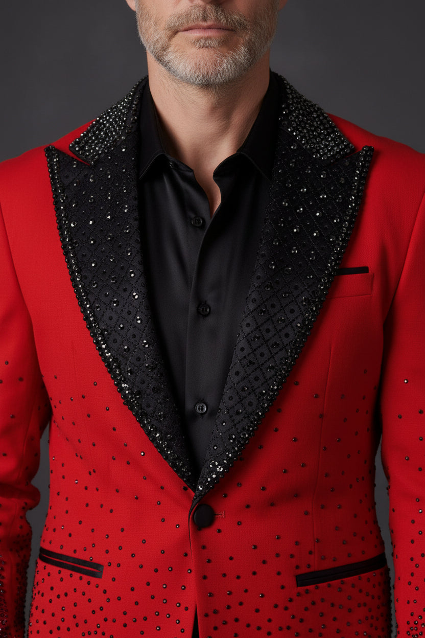 Men’s Slim-Fit Crystal-Embellished Blazer with Studded Quilted Lapels