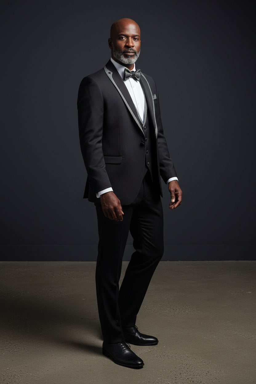 Vercini Evening Tuxedo featuring a sleek shawl lapel adorned with a striking shiny red trim.g