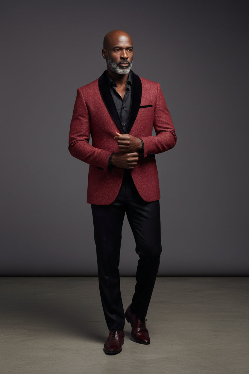 Opulent Red Velvet-Trim Tuxedo Blazer