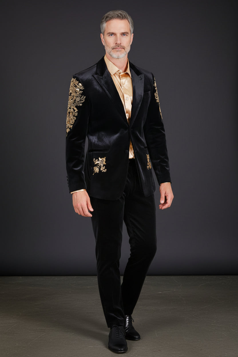 Black Velvet Blazer with Gold Accents - Luxury Evening Jacket