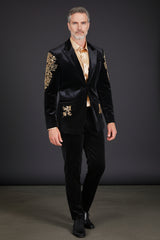 Black Velvet Blazer with Gold Accents - Luxury Evening Jacket