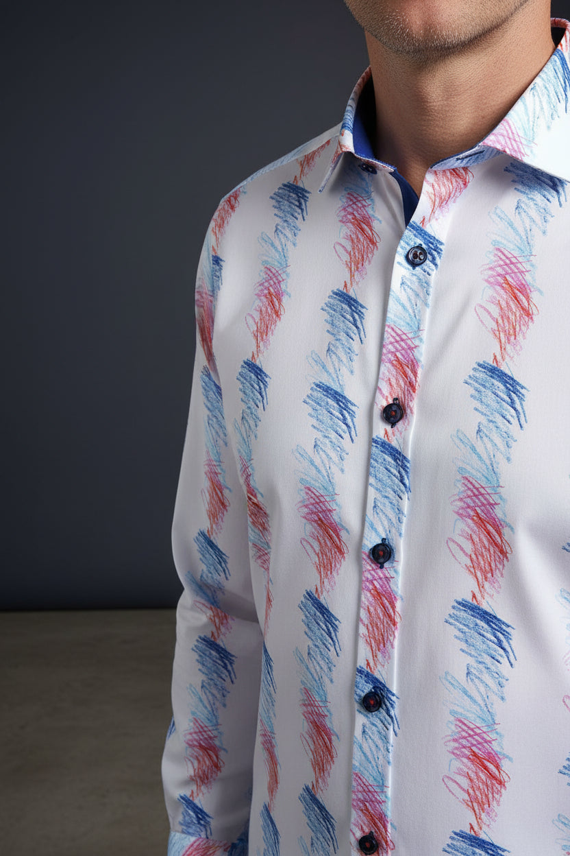 Vercini White Abstract Brush Stroke Button-Up Shirt – Modern Artistic Print Dress Shirt