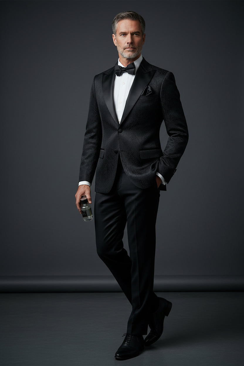 Black Patterned Tuxedo with Striking Pink Lining