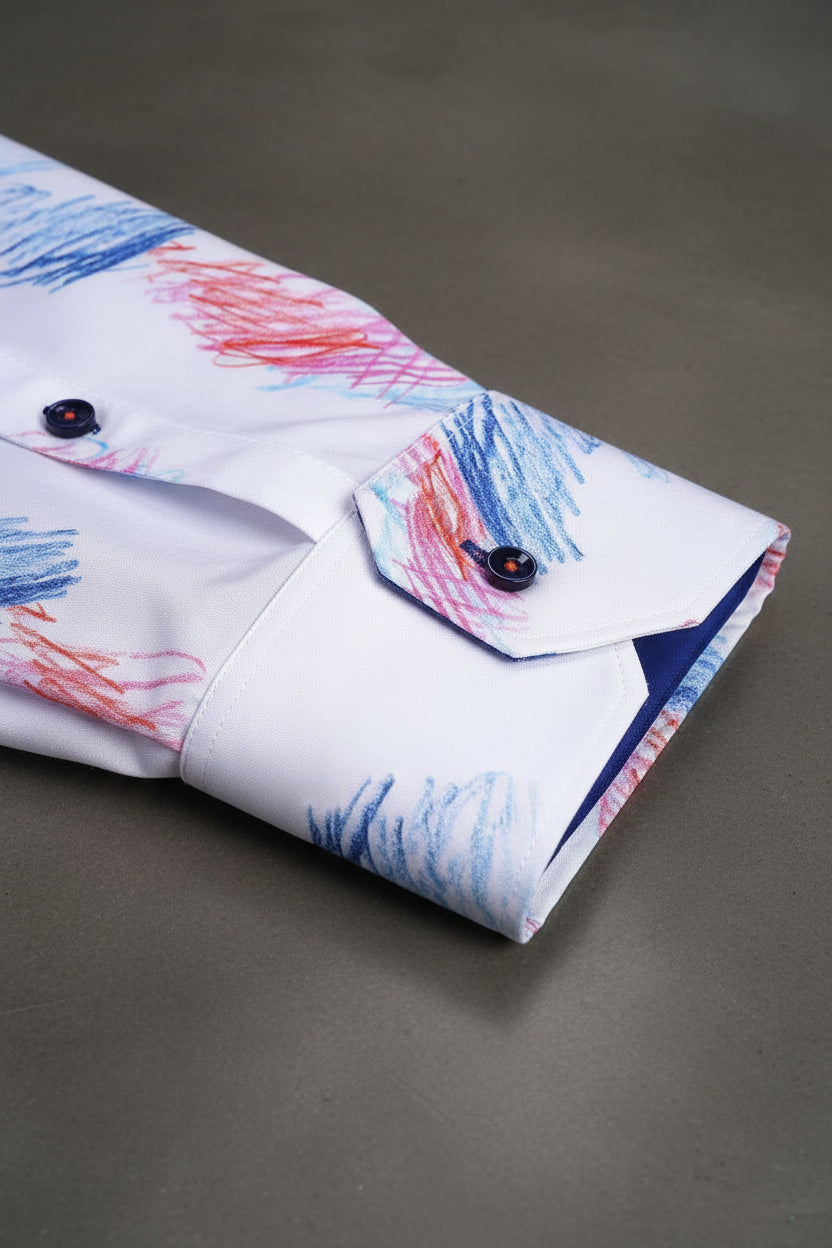 Vercini White Abstract Brush Stroke Button-Up Shirt – Modern Artistic Print Dress Shirt