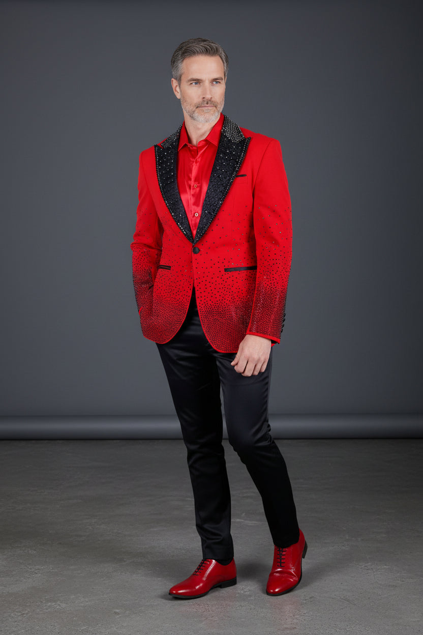 Men’s Slim-Fit Crystal-Embellished Blazer with Studded Quilted Lapels
