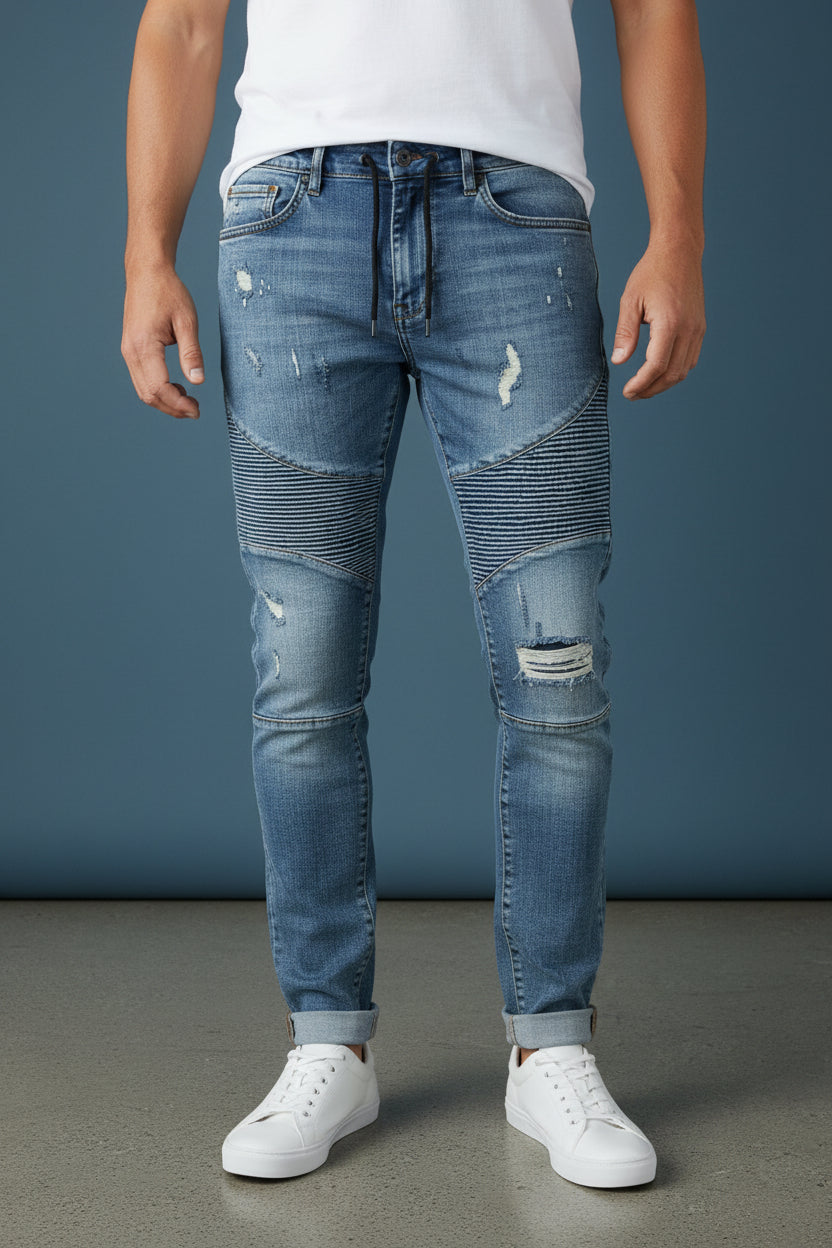 Distressed Moto Biker Jeans