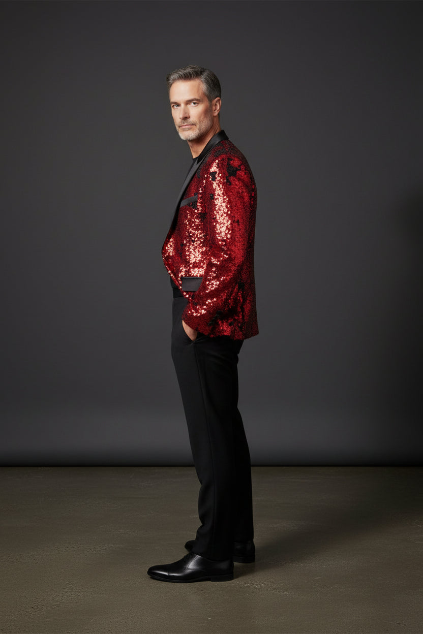 Sequin Tuxedo Jacket with Satin Lapels - Red Carpet Party Blazer