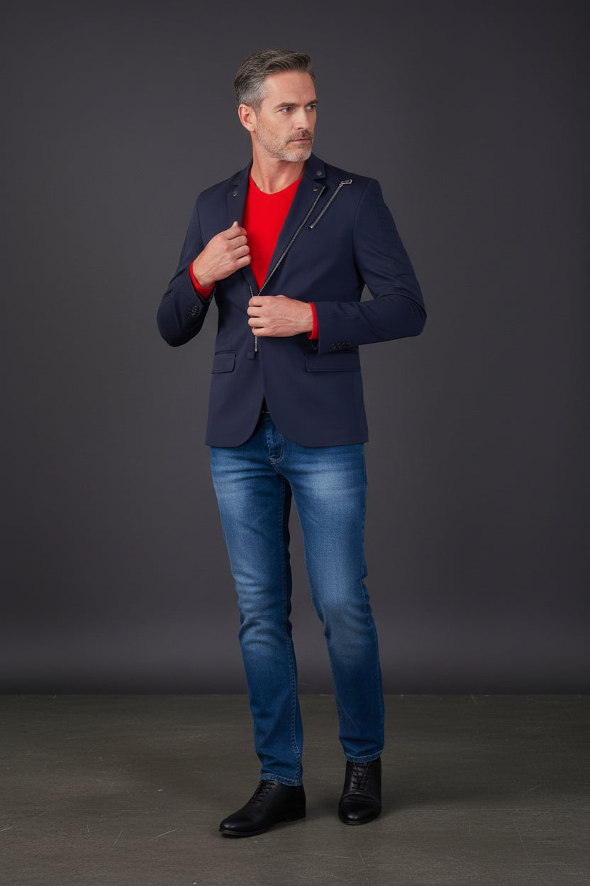 Tech Blazer with Zipper Front - Slim Fit Cotton Jacket