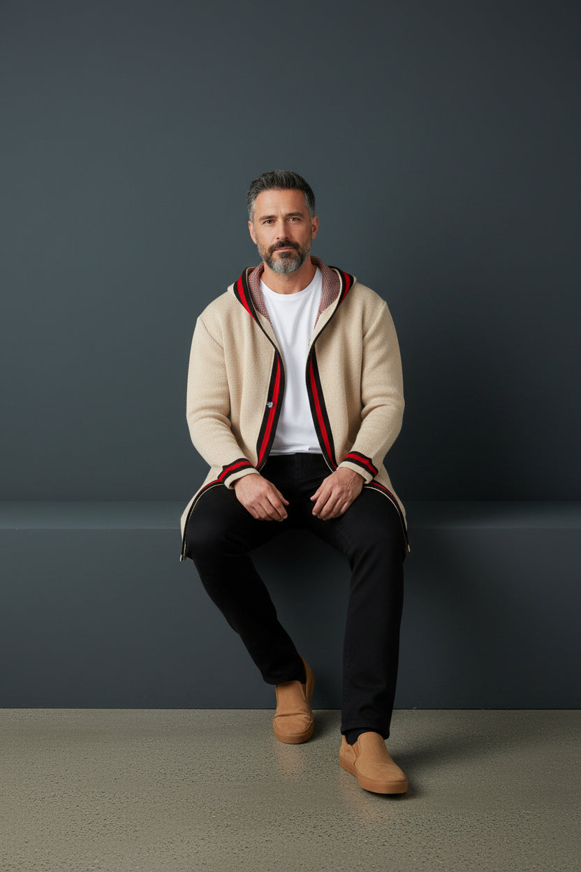 Cream Cardigan With Black and red Stripe