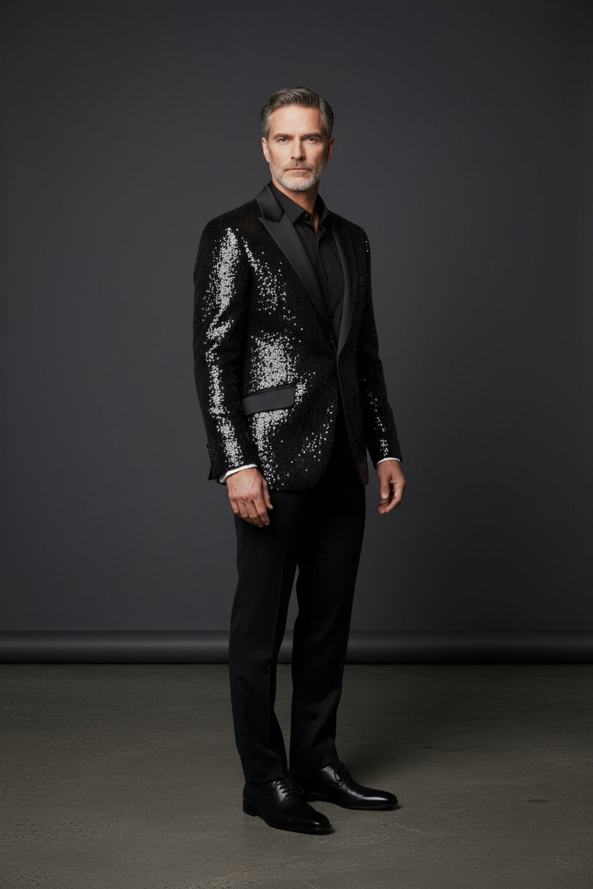 Sequin Tuxedo Jacket with Satin Lapels - Red Carpet Party Blazer