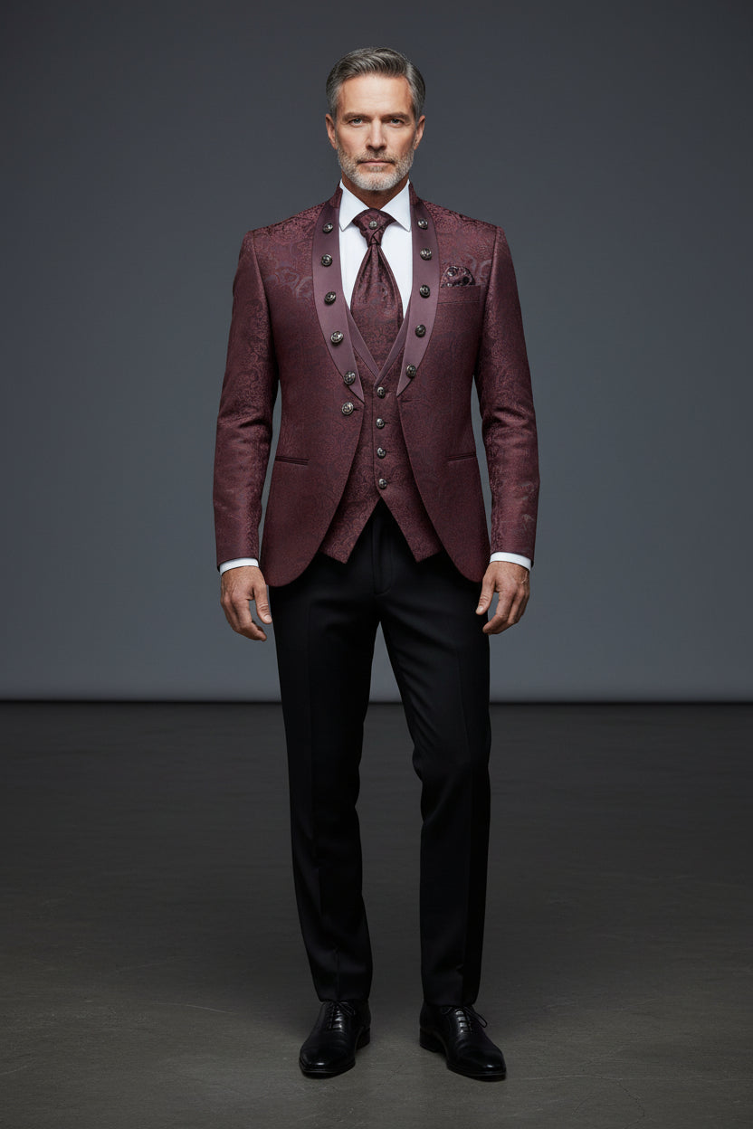 Burgundy Patterned Tuxedo - Slim Fit Collarless Tuxedo Suit for Men