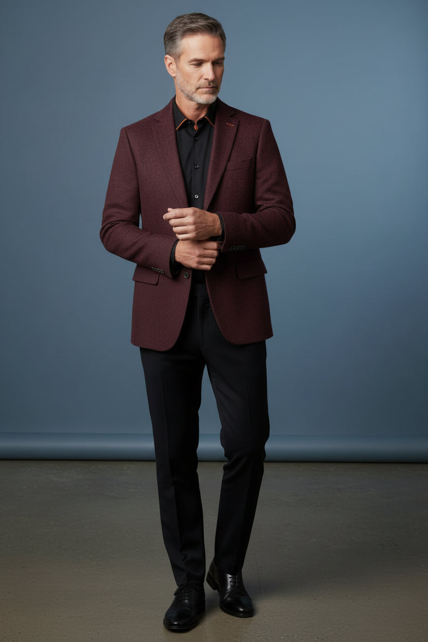 Navy Herringbone Blazer with Orange Accents