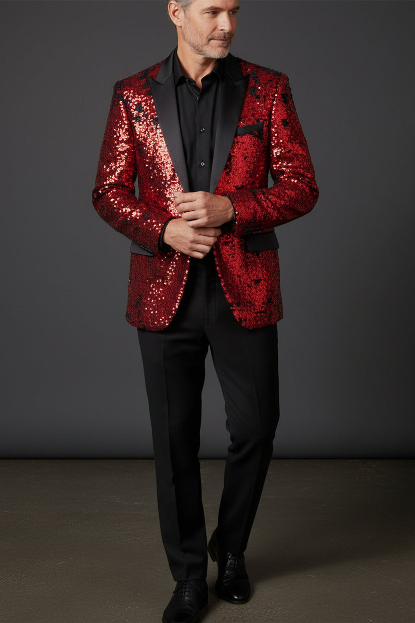 Sequin Tuxedo Jacket with Satin Lapels - Red Carpet Party Blazer