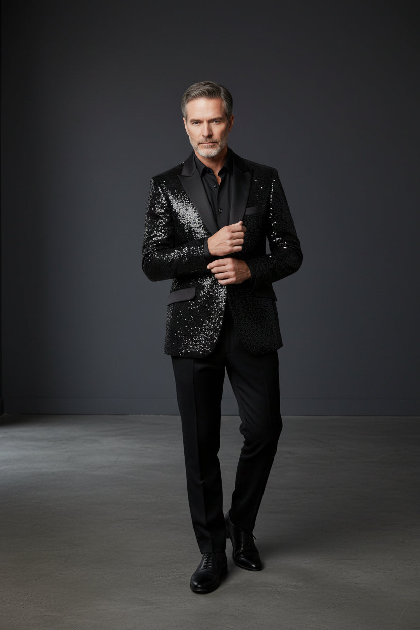 Sequin Tuxedo Jacket with Satin Lapels - Red Carpet Party Blazer