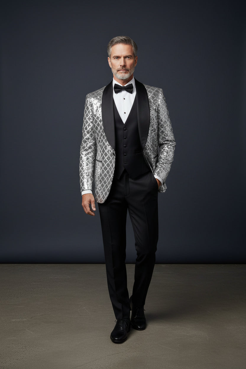 Geometric Splendor Vercini Tuxedo - Sequin Embellished Velvet Lapel