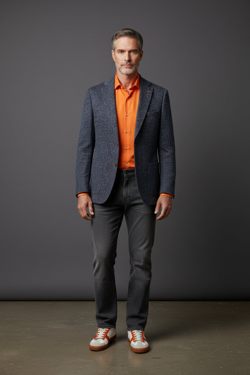 Navy Speckled Single-Breasted Blazer with Orange Detailing