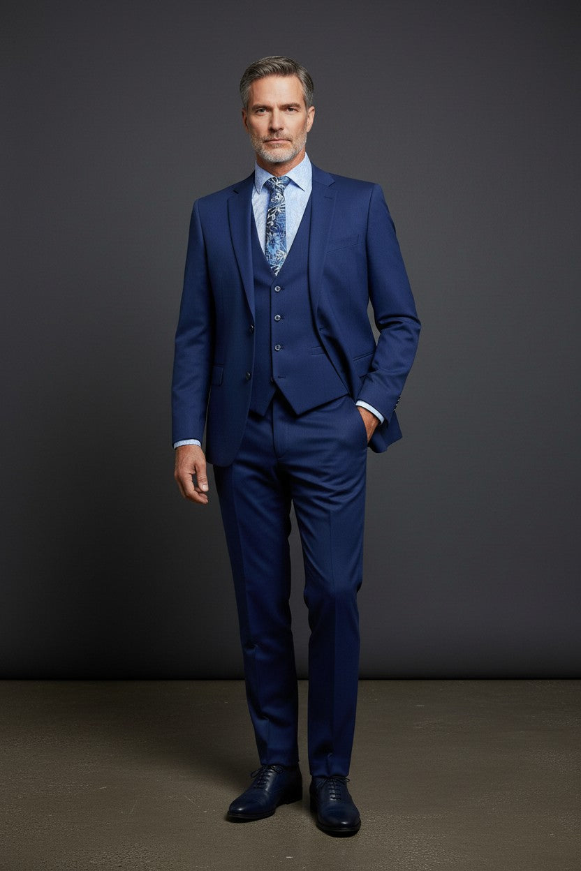 modern mens dress clothes Regal Indigo Three-Piece Suit | Modern Tailored Men's Ensemble
