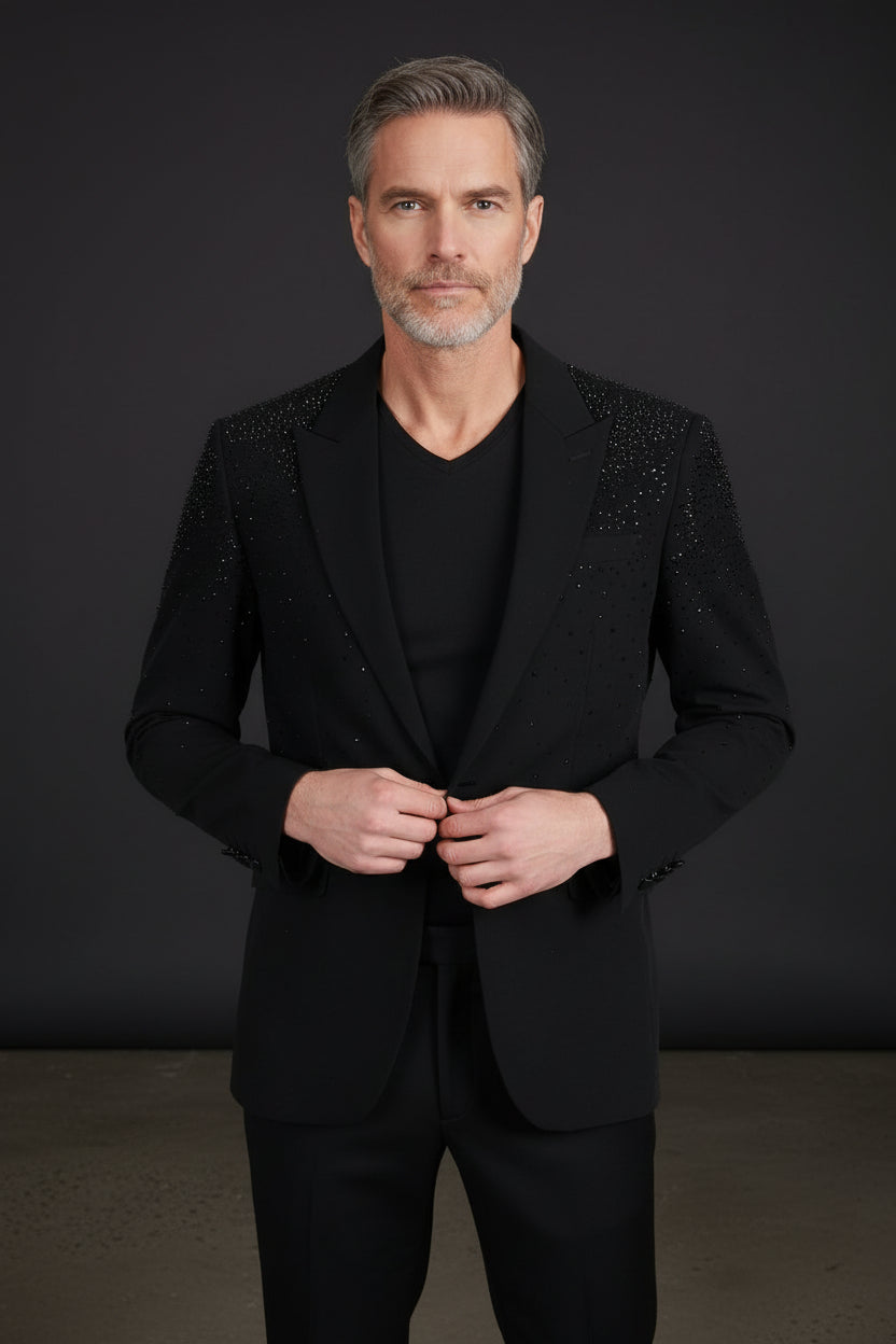 Black Rhinestone Blazer - Luxury Slim Fit Evening Jacket