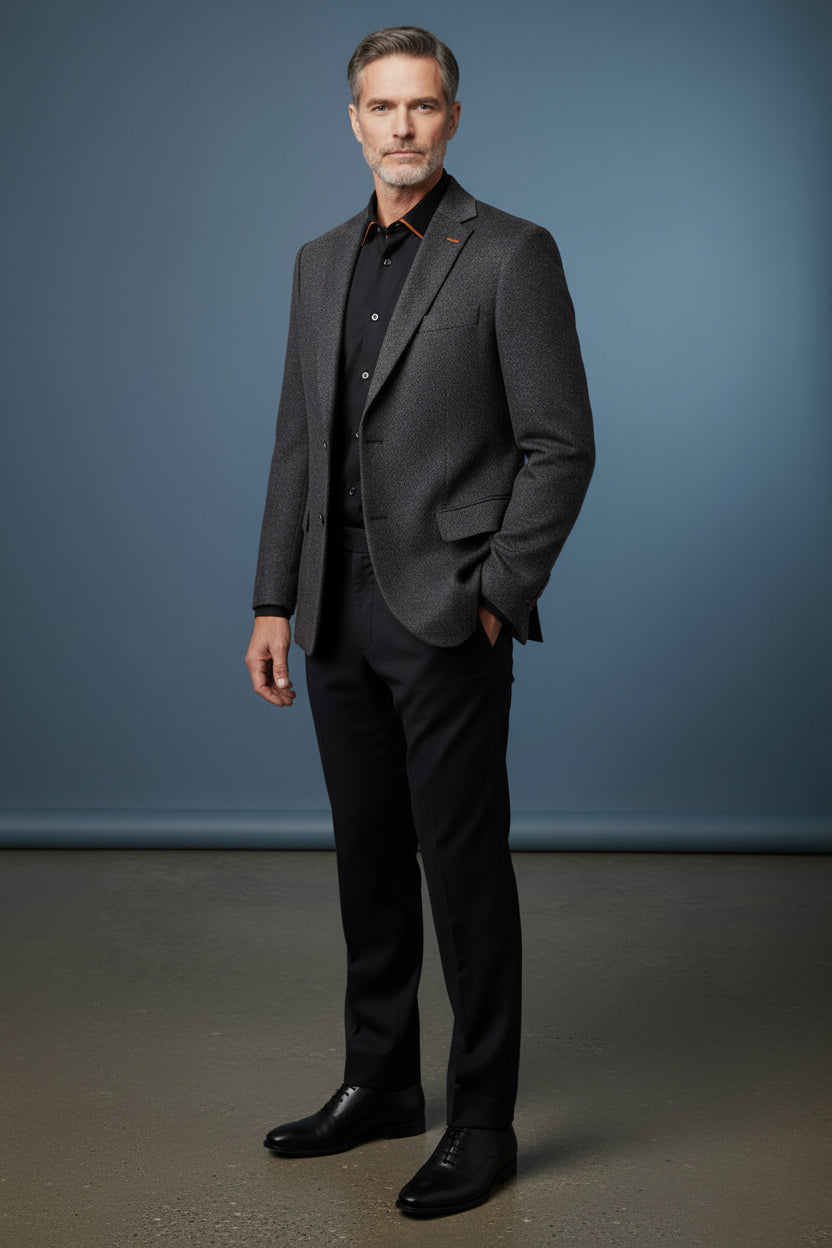 Navy Herringbone Blazer with Orange Accents