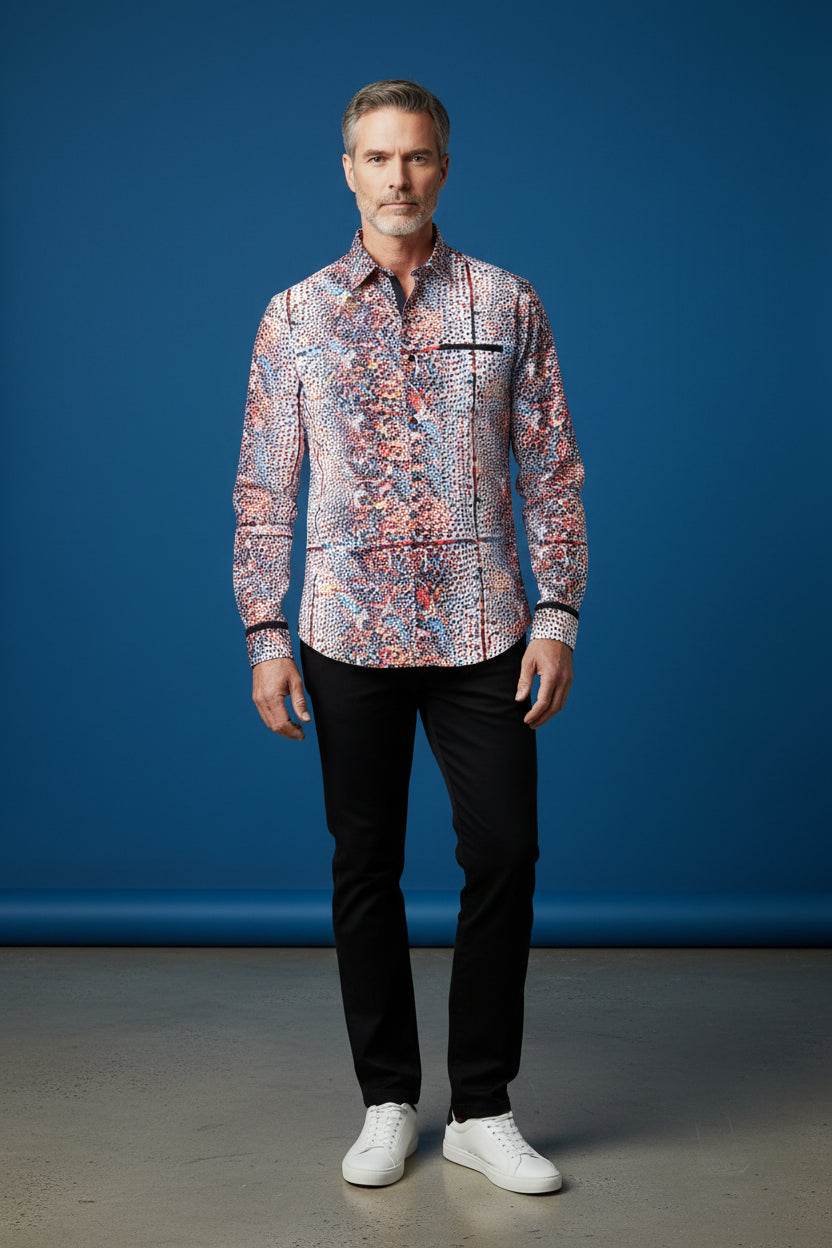 Vercini Men’s Vibrant Abstract Print Long Sleeve Dress Shirt – Designer Style