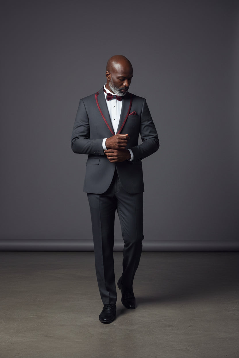 Vercini Evening Tuxedo featuring a sleek shawl lapel adorned with a striking shiny red trim.g