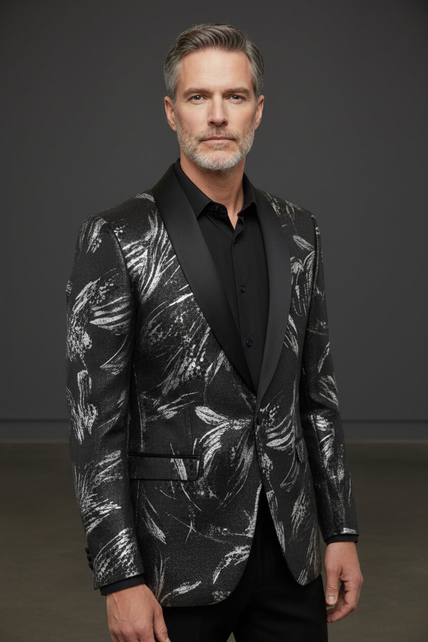 Vercini Monarch Brush Tuxedo Jacket - Black Shawl Lapel Blazer with Silver Abstract Design