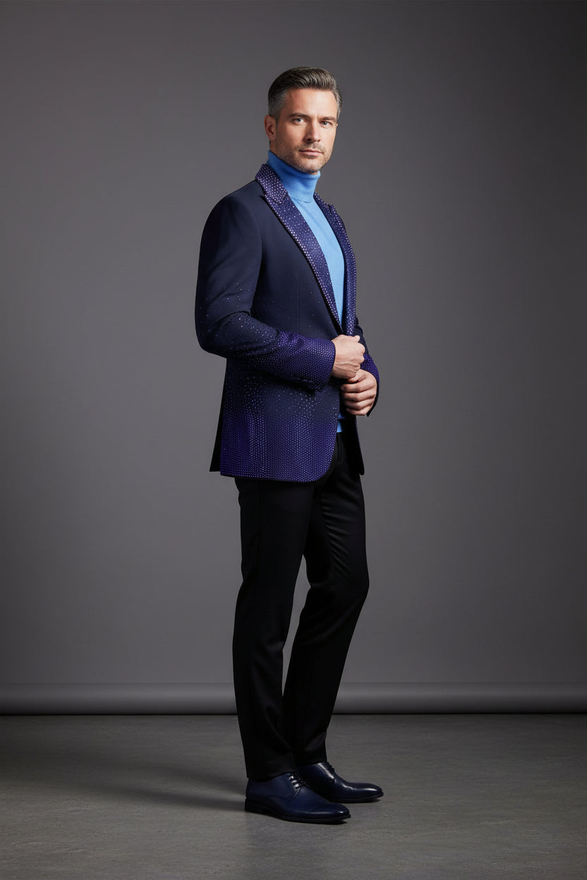 Men’s Slim-Fit Crystal-Embellished Blazer with Studded Quilted Lapels