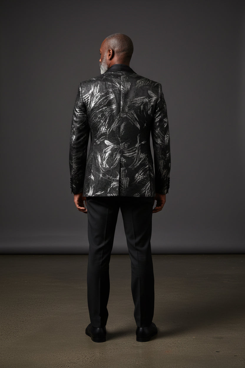 Vercini Monarch Brush Tuxedo Jacket - Black Shawl Lapel Blazer with Silver Abstract Design