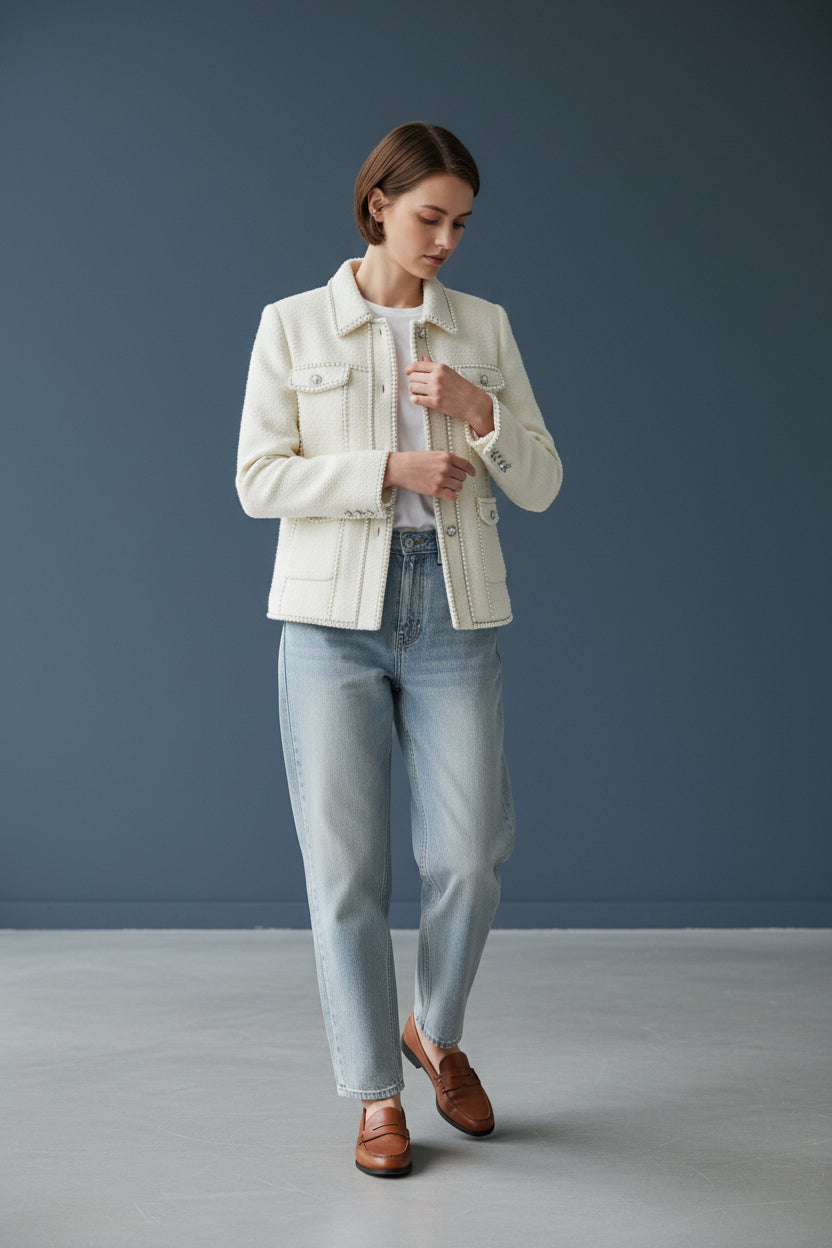 Ivory Pearl-Embellished Tweed Jacket