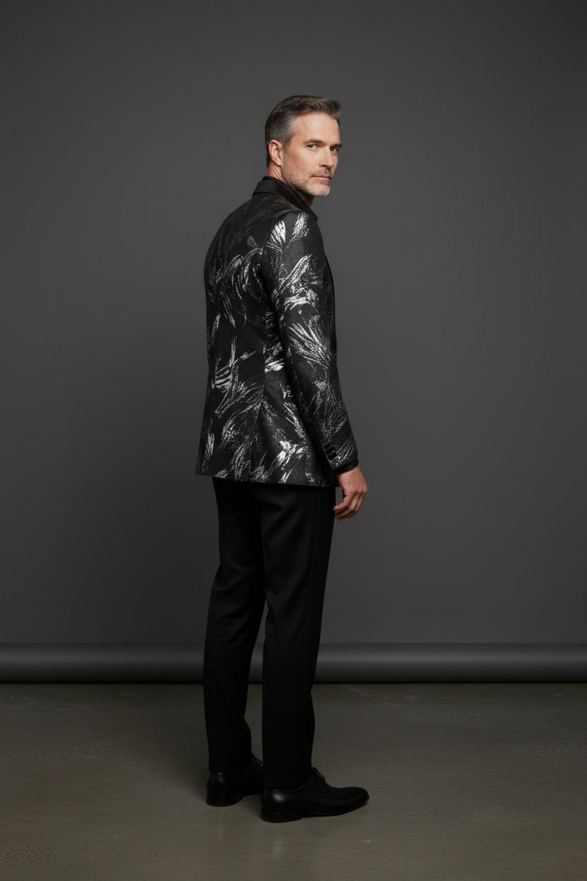 Vercini Monarch Brush Tuxedo Jacket - Black Shawl Lapel Blazer with Silver Abstract Design
