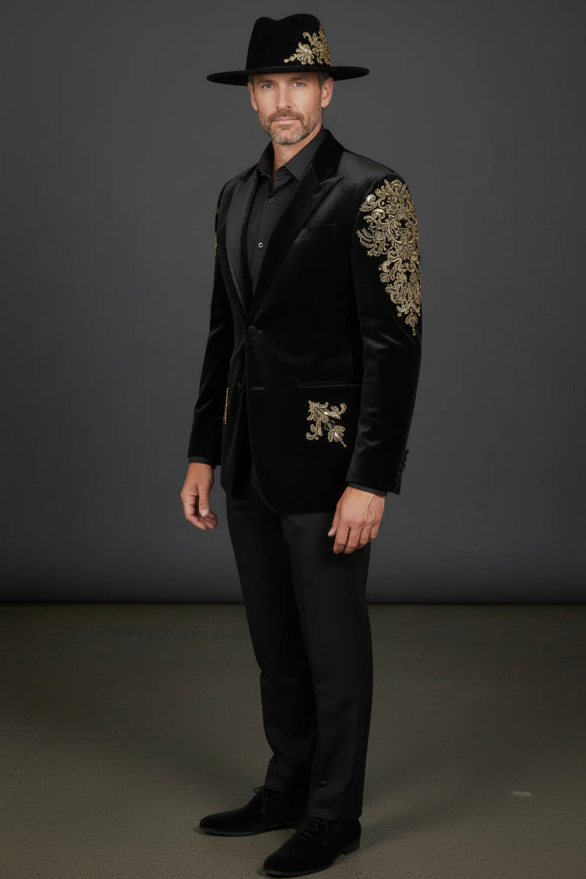Black Velvet Blazer with Gold Accents - Luxury Evening Jacket
