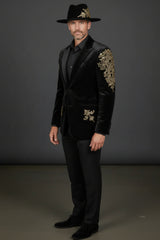 Black Velvet Blazer with Gold Accents - Luxury Evening Jacket